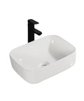 USZWBY Vessel Sinks Household Small Size Square Rounded White Countertop Ceramic Basin Bathroom Kitchen Sink with black faucet