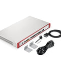 Top Shelf Network Firewall With 10GBE SFP Plus And PoE Plus Ports Delivering AI Powered Cyber Defense UTM Features and accessories.