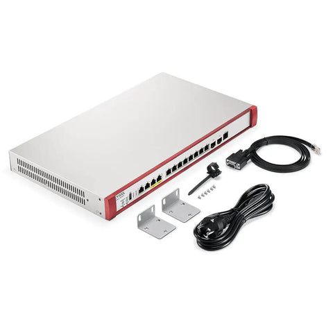 Top Shelf Network Firewall With 10GBE SFP Plus And PoE Plus Ports Delivering AI Powered Cyber Defense UTM Features and accessories.