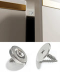 Four Pack Magnetic Door Catch Kit, Slick Concealed Cupboard Door Holder, shown installed on cabinet with close-up of magnets.