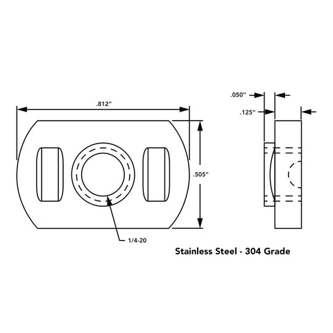 Technical drawing of Centered Slide-In Stainless Steel T Nuts for 1.5 Inch 80/20 Aluminum Extrusions, 1/4-20 bolt compatible