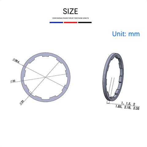Aluminum Bike Hub Spacer Kit With Grooved Washers 1 1.5 2 1.85 2.18 2.35 mm technical diagram front and side view