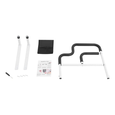 Components of Heavy Duty Bed Rail With Handle And Pocket For Seniors, including L shaped rail, instructions, and screws