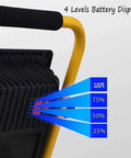 JUDYSSY Led Floodlight Ip67 120W Led Work Light showing 4 levels battery display with percentage indicators on a black casing.