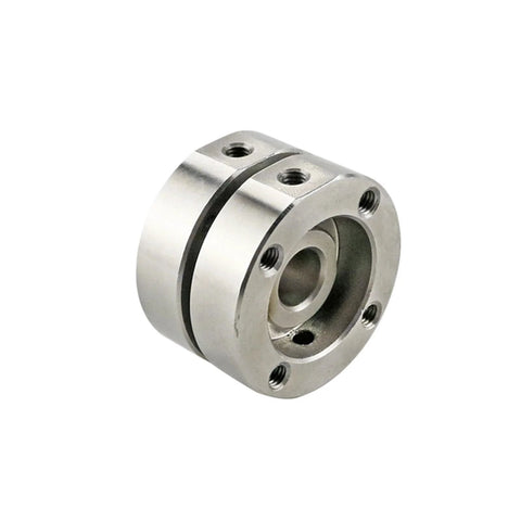 Front view of stainless steel disc torque hinge with through-hole damper, circular flange and six mounting holes