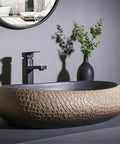 UYTROPLK Bathroom Vessel Sink Ceramic Outdoor Indoor Bathroom Vintage Pedestal Basin with Accessories Patio Wash Basin Rectangle Bathroom Sink with textured design and black faucet.