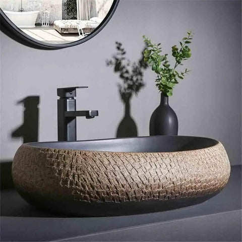 UYTROPLK Bathroom Vessel Sink Ceramic Outdoor Indoor Bathroom Vintage Pedestal Basin with Accessories Patio Wash Basin Rectangle Bathroom Sink with textured design and black faucet.