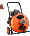 Heavy Duty Electric Sewer Auger With Auto Feed And Four Cutter Blades, showing steel core cable and handle for tough plumbing jobs.