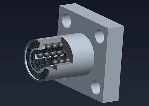 Cross-sectional view of LMK10UU flange square linear bearing (10mm bore, 19mm OD) with steel balls