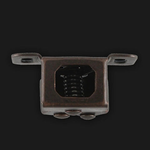 Close-up of Roller Catch Set 10 Pack Double Roller Door Latch bracket showing spring mechanism on black background.