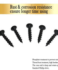 Premium Drywall Screws Number 6 By 1 Inch Phillips Bugle Head Fine Thread Black Phosphate Coated Carbon Steel core screws on display.
