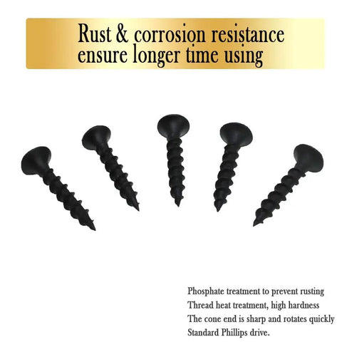 Premium Drywall Screws Number 6 By 1 Inch Phillips Bugle Head Fine Thread Black Phosphate Coated Carbon Steel core screws on display.