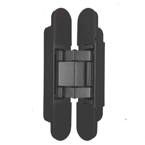 Front view of Hidden Concealed Door Hinges Three Dimensional Adjustable Black Pair With 180 Degree Opening And 88 Lbs Support For Doors 35mm Thick To 850mm Wide Concealed Screw Heads For Clean Look Includes Mounting Screws By Alamic.