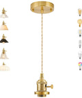 Slick Polished Brass Pendant Light Cord Kit with Heavy Duty Braided Textile Wire and Secure E26 Lamp Base showing hanging wire and lamp base.