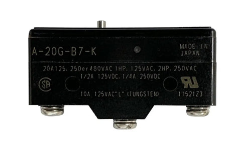 Premium 20 Amp Spdt Switch With Rock Solid Pin Plunger For G Series Foot Controls unit showing electrical ratings and UL certification.
