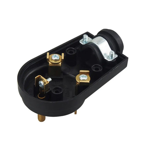 Hardworking 30 Amp Male Rv Replacement Plug With 125V Pull Handle And Strain Relief built from heavy duty ABS, close-up view of electrical connections.