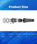 Diagram showing sizes of Two Pack NPT Three Quarter Inch Waterproof Cable Gland Cord Grip Strain Relief Connector components