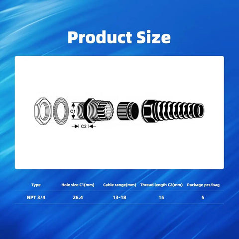 Diagram showing sizes of Two Pack NPT Three Quarter Inch Waterproof Cable Gland Cord Grip Strain Relief Connector components