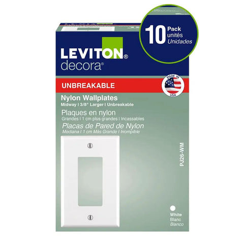 Box of Leviton One-Gang Decora Midway Nylon Wall Plate 10 Pack White Taller Than Standard Smooth Face With Rounded Edges Cover