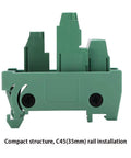 Side view of 2 In 8 Out Terminal Block Module For DIN Rail And Panel Mount Power Distribution Breakout Board 25A Rating Great For PLCs Servo Drives Power Amplifiers Industrial Automation And Electrical Panels, showing compact C45 rail installation.