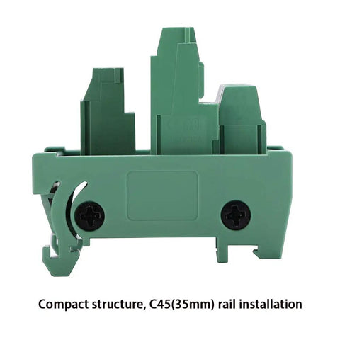 Side view of 2 In 8 Out Terminal Block Module For DIN Rail And Panel Mount Power Distribution Breakout Board 25A Rating Great For PLCs Servo Drives Power Amplifiers Industrial Automation And Electrical Panels, showing compact C45 rail installation.