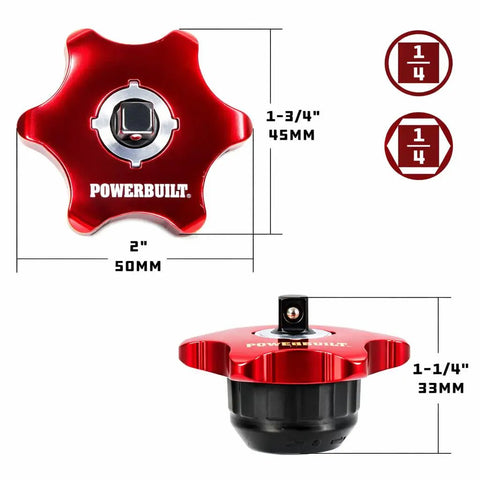 Quarter Inch Drive Finger Ratchet Dual Sided For Quarter Inch Sockets And Hex Bits With 36 Tooth Reversible Mechanism Compact Lightweight Red Anodized Finish For Tight Spaces showing top view and dimensions.