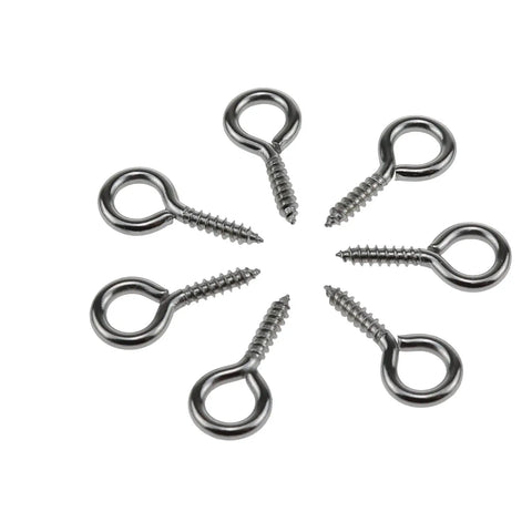120 Pack 0.67 Inch 304 Stainless Steel Eye Screws Corrosion Resistant Threaded Fasteners Heavy Duty Hardware arranged in a circle.