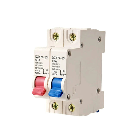Straight Up Reliable Rail Mount DC Circuit Breaker Featuring 32A 40A And 63A Amps, dual toggle switches for manual reset.