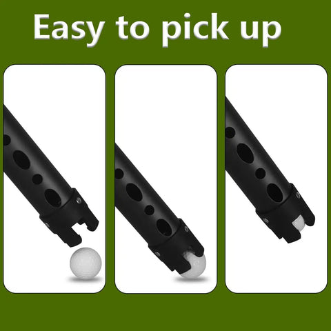 Aluminum Golf Ball Retriever With Extendable Tube for effortless ball pickup, showing the black finish and easy one hand pickup feature.