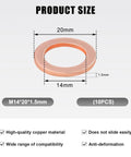 10 Pack 14mm Copper Oil Drain Plug Gasket Set for Your Ride Seals Replacement Crush Washers Sealing Gaskets Compatible with OEM PN 007603014106 Car Accessories showing size dimensions 14mm ID, 20mm OD, 1.5mm thick