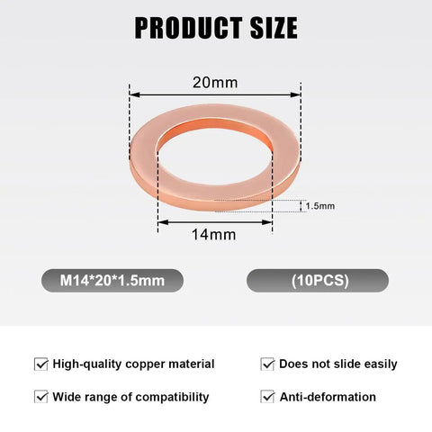 10 Pack 14mm Copper Oil Drain Plug Gasket Set for Your Ride Seals Replacement Crush Washers Sealing Gaskets Compatible with OEM PN 007603014106 Car Accessories showing size dimensions 14mm ID, 20mm OD, 1.5mm thick