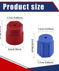 Hella Durable R134a AC Service Port Caps Set Of Ten Includes Five Red And Five Blue Valve Covers With Shop Grade Seals displayed with size dimensions.