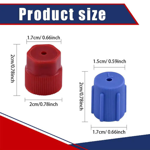 Hella Durable R134a AC Service Port Caps Set Of Ten Includes Five Red And Five Blue Valve Covers With Shop Grade Seals displayed with size dimensions.
