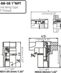 Technical diagram of 1 Inch NPT Wet Line Wing Nut Heavy Duty Hydraulic Quick Disconnect Coupler Set for Live Bed Dump Trailer Systems.