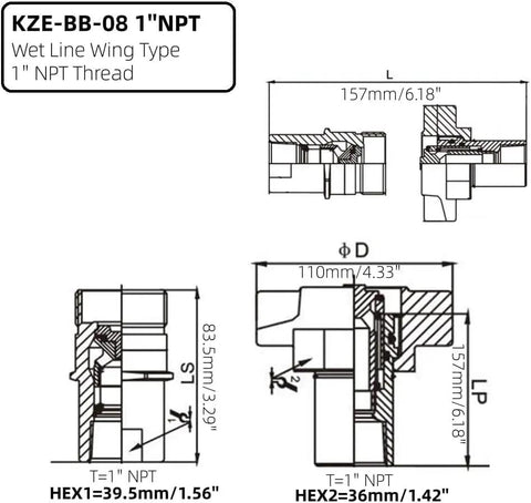Technical diagram of 1 Inch NPT Wet Line Wing Nut Heavy Duty Hydraulic Quick Disconnect Coupler Set for Live Bed Dump Trailer Systems.