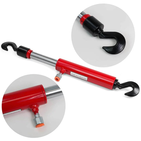 26 Inch Long 10 Ton Hydraulic Pull Back Ram for Porta Power Frame Machine with Rotating Hook, red heavy-duty tool.