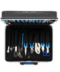 Open Pro Grade 100 Piece Tool Set In Durable Hard Shell Case With Aluminum Frame showing tools neatly arranged inside.