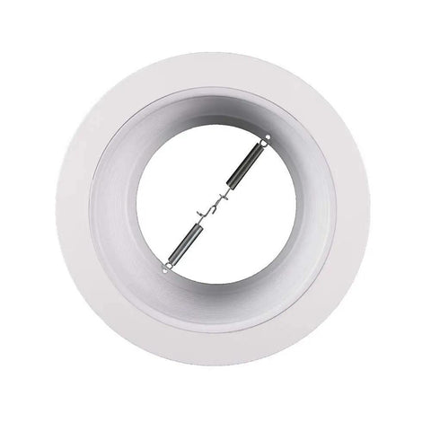 Six Inch White Recessed Lighting Baffle Trim Fits Standard Six Inch Housings shows smooth white finish and spring clips for easy installation.