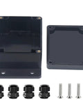 Rugged Abs Black IP67 Waterproof Junction Box With Pre Installed Gasket Mounting Ears And Cable Glands For Outdoor Diy Electronics Projects And Kick Butt Weather Shield Enclosure 4.5 X 3.5 X 2.2 Inches with interior view and accessories.
