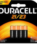 Duracell 21/23 12V Alkaline battery pack with four batteries, suitable for various electronic devices.
