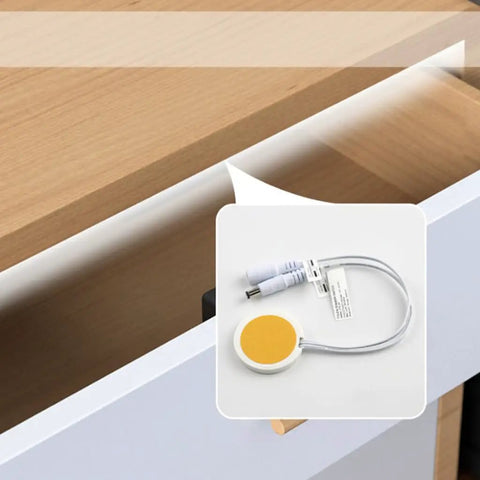 Touch Sensor Dimmer Switch For Led Strip Lights With Hidden Surface Control shown near wooden cabinet, includes connector cables