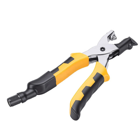 RitoEasysports Electric Badminton Racket Trumpet Plier 2A Cold Hot Press Crimping Machine For Grommets And Eyelets Installation Us Plug Durable Steel Tool with yellow and black grips.