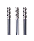 CNC milling cutters: three tungsten steel end mills with straight shanks and spiral flutes (front view)