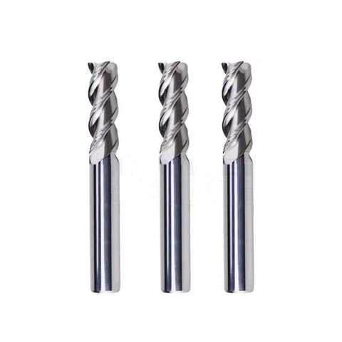 CNC milling cutters: three tungsten steel end mills with straight shanks and spiral flutes (front view)