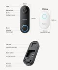 2K Outdoor Video Doorbell Camera With 5G And 2.4G WiFi, Wired Setup, showing lens, microphone, chime and components.
