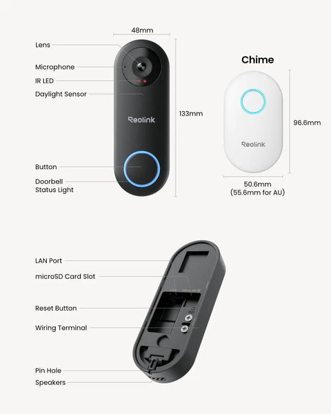2K Outdoor Video Doorbell Camera With 5G And 2.4G WiFi, Wired Setup, showing lens, microphone, chime and components.
