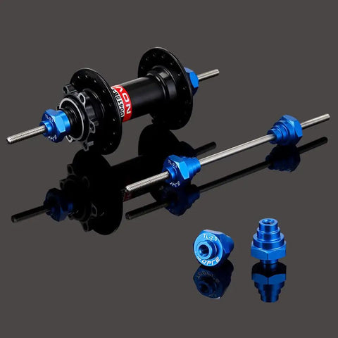 Bicycle Wheel Truing Stand Thru Axle Adapter For 12mm 15mm 20mm Freehub Tool Durable Hardened Steel with blue and black components