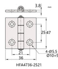 Technical diagram of Ultra Quiet Aluminum Door and Window Hinges with light damping, 36x47 mm size, detailed measurements shown.