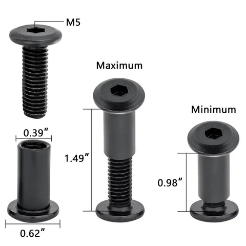 Twenty Five Piece M8x20mm Black Furniture Bolts Cabinet Connector Screws Barrel Nuts Carbon Steel Hardware Kit dimensions and sizes