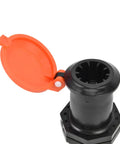 Heavy Duty Hose Water Intake Connector That Slams Shut To Stop Leaks Fast For Your Irrigation System, Lawn Sprinklers, And Greenhouse Gardens In Style. black ABS G3/4 hose connector with orange cap open